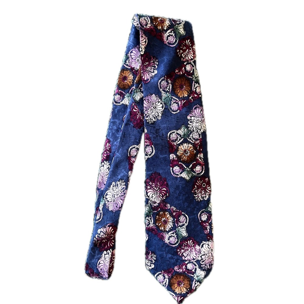 Carlo Palazzi X Long Silk Tie Blue Purple Floral Medallion Jacquard Fall Chic